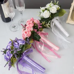 Wedding Bouquets for Bride, Artificial Silk Flower Rose Bridal Bouquet, Western and Forest Style Faux Flowers for Marriage Certificate Ceremony and Wedding Photography Props