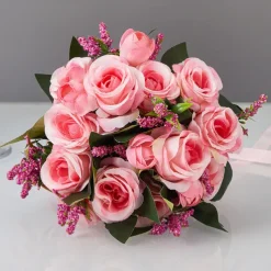 Wedding Bouquets for Bride, Artificial Silk Flower Rose Bridal Bouquet, Western and Forest Style Faux Flowers for Marriage Certificate Ceremony and Wedding Photography Props