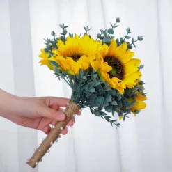 Wedding Bouquets for Bride, Artificial Silk Flower Eucalyptus and Sunflower Bridal Bouquet, Rustic Outdoor Wedding Photography Prop and Decorative Handheld Flowers