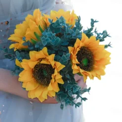 Wedding Bouquets for Bride, Artificial Silk Flower Eucalyptus and Sunflower Bridal Bouquet, Rustic Outdoor Wedding Photography Prop and Decorative Handheld Flowers