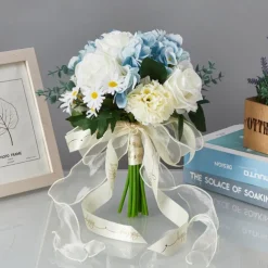 Wedding Bouquets for Bride, Artificial Silk Flower Blue and White Bridal Bouquet with Faux Roses, Fresh and Unique Floral Arrangement for Weddings