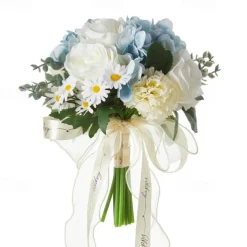 Wedding Bouquets for Bride, Artificial Silk Flower Blue and White Bridal Bouquet with Faux Roses, Fresh and Unique Floral Arrangement for Weddings