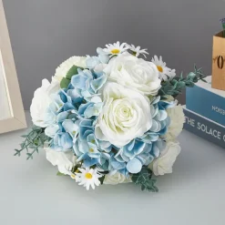 Wedding Bouquets for Bride, Artificial Silk Flower Blue and White Bridal Bouquet with Faux Roses, Fresh and Unique Floral Arrangement for Weddings