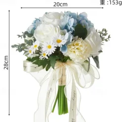 Wedding Bouquets for Bride, Artificial Silk Flower Blue and White Bridal Bouquet with Faux Roses, Fresh and Unique Floral Arrangement for Weddings