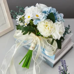 Wedding Bouquets for Bride, Artificial Silk Flower Blue and White Bridal Bouquet with Faux Roses, Fresh and Unique Floral Arrangement for Weddings