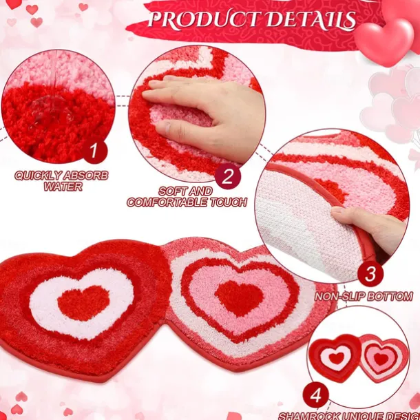 Wedding Heart Rugs Heart Shaped Non Slip Bathroom Rug Washable Mat Heart Kitchen Rugs Love Deco Floor Mat or Shower Bedroom Kitchen Deco (Double Heart, 17.7 x 31.5 Inches)