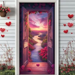 Wedding Outdoor Decorations Door Covers Door Tapestry Door Curtain Decoration Backdrop Indoor/Outdoor Door Banner for Front Door Farmhouse Window View Roses