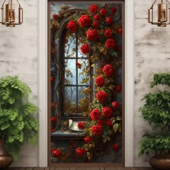 Wedding Outdoor Decorations Door Covers Door Tapestry Door Curtain Decoration Backdrop Indoor/Outdoor Door Banner for Front Door Farmhouse Roses