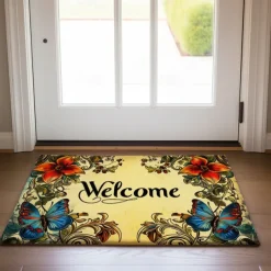 Welcome Floral Doormat Floor Mats Washable Rugs Kitchen Mat Non-Slip Oil Proof Rug Indoor Outdoor Mat Bedroom Decor Bathroom Mat Entrance Rug