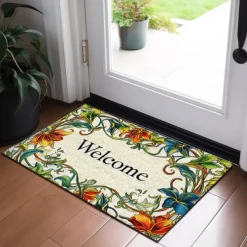 Welcome Floral Doormat Floor Mats Washable Rugs Kitchen Mat Non-Slip Oil Proof Rug Indoor Outdoor Mat Bedroom Decor Bathroom Mat Entrance Rug