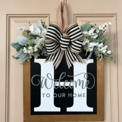 Welcome Signs with Surname for Front Door, Spring Door Wreath with bow, Creative Signs with 26 Letters for Spring Door Decoration