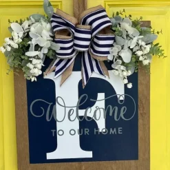 Welcome Signs with Surname for Front Door, Spring Door Wreath with bow, Creative Signs with 26 Letters for Spring Door Decoration
