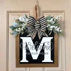 Welcome Signs with Surname for Front Door, Spring Door Wreath with bow, Creative Signs with 26 Letters for Spring Door Decoration