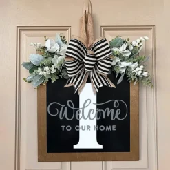 Welcome Signs with Surname for Front Door, Spring Door Wreath with bow, Creative Signs with 26 Letters for Spring Door Decoration