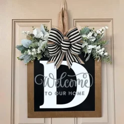 Welcome Signs with Surname for Front Door, Spring Door Wreath with bow, Creative Signs with 26 Letters for Spring Door Decoration