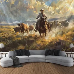 Western Cow Man Desert Hanging Tapestry Wall Art Large Tapestry Mural Decor Photograph Backdrop Blanket Curtain Home Bedroom Living Room Decoration