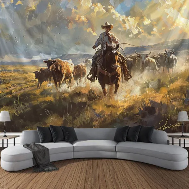 Western Cow Man Desert Hanging Tapestry Wall Art Large Tapestry Mural Decor Photograph Backdrop Blanket Curtain Home Bedroom Living Room Decoration