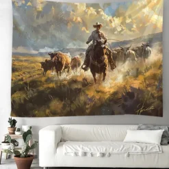 Western Cow Man Desert Hanging Tapestry Wall Art Large Tapestry Mural Decor Photograph Backdrop Blanket Curtain Home Bedroom Living Room Decoration
