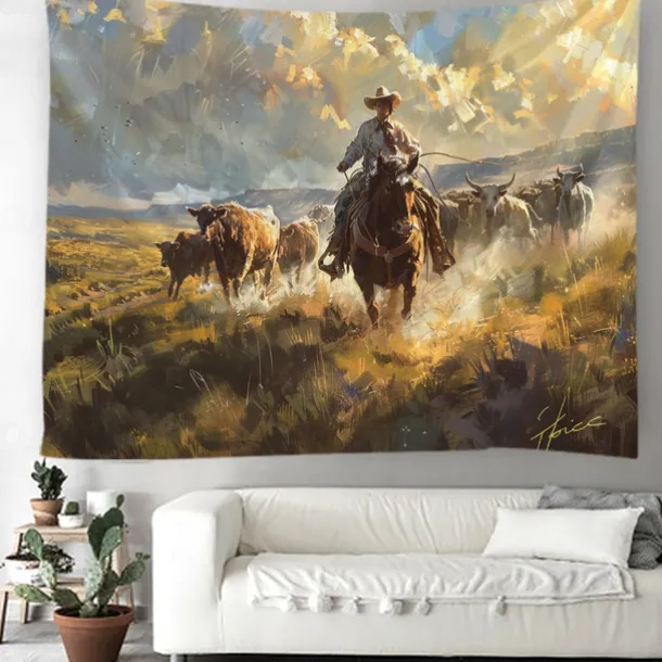 Western Cow Man Desert Hanging Tapestry Wall Art Large Tapestry Mural Decor Photograph Backdrop Blanket Curtain Home Bedroom Living Room Decoration
