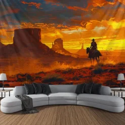 Western Cow Man Desert Hanging Tapestry Wall Art Large Tapestry Mural Decor Photograph Backdrop Blanket Curtain Home Bedroom Living Room Decoration