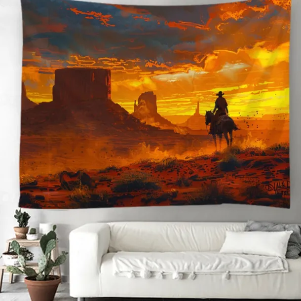 Western Cow Man Desert Hanging Tapestry Wall Art Large Tapestry Mural Decor Photograph Backdrop Blanket Curtain Home Bedroom Living Room Decoration