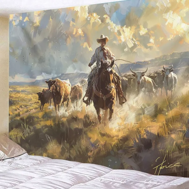 Western Cow Man Desert Hanging Tapestry Wall Art Large Tapestry Mural Decor Photograph Backdrop Blanket Curtain Home Bedroom Living Room Decoration