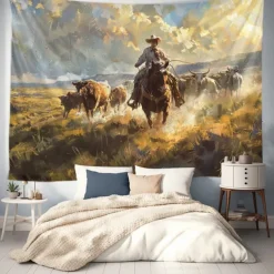 Western Cow Man Desert Hanging Tapestry Wall Art Large Tapestry Mural Decor Photograph Backdrop Blanket Curtain Home Bedroom Living Room Decoration