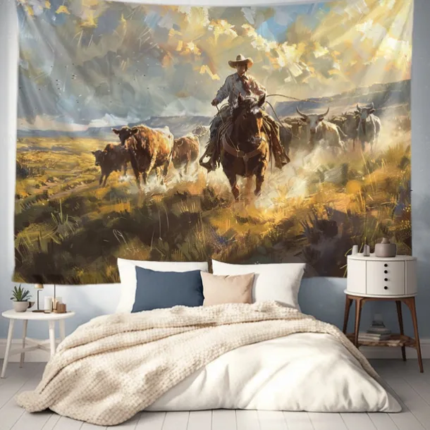 Western Cow Man Desert Hanging Tapestry Wall Art Large Tapestry Mural Decor Photograph Backdrop Blanket Curtain Home Bedroom Living Room Decoration