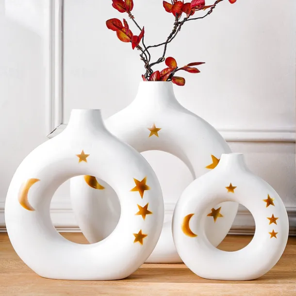 White Circular Resin Vase with Gold Star and Moon Accents – Islamic Festival Centerpiece for Ramadan, Eid, and Home Decor – Elegant Flower Holder for Entryway, Table, and Celebration