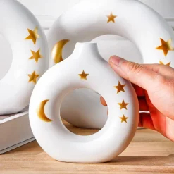 White Circular Resin Vase with Gold Star and Moon Accents – Islamic Festival Centerpiece for Ramadan, Eid, and Home Decor – Elegant Flower Holder for Entryway, Table, and Celebration