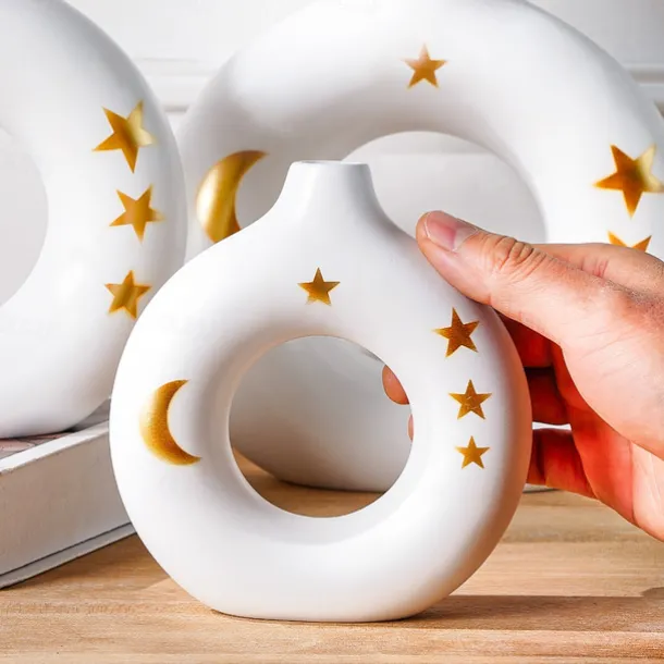 White Circular Resin Vase with Gold Star and Moon Accents – Islamic Festival Centerpiece for Ramadan, Eid, and Home Decor – Elegant Flower Holder for Entryway, Table, and Celebration