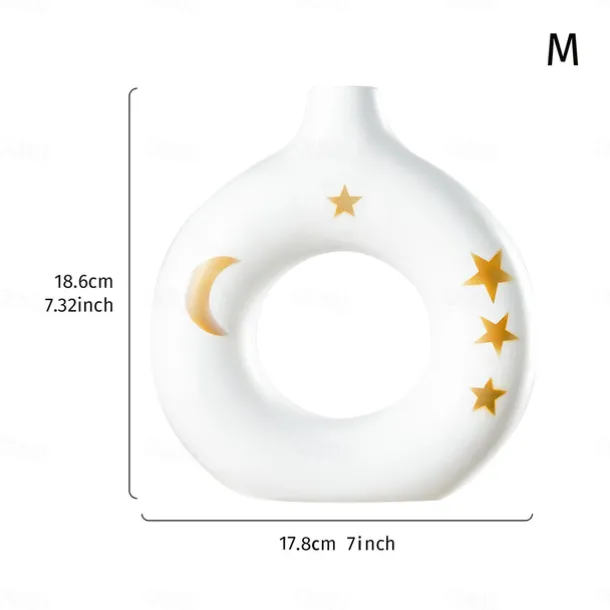 White Circular Resin Vase with Gold Star and Moon Accents – Islamic Festival Centerpiece for Ramadan, Eid, and Home Decor – Elegant Flower Holder for Entryway, Table, and Celebration