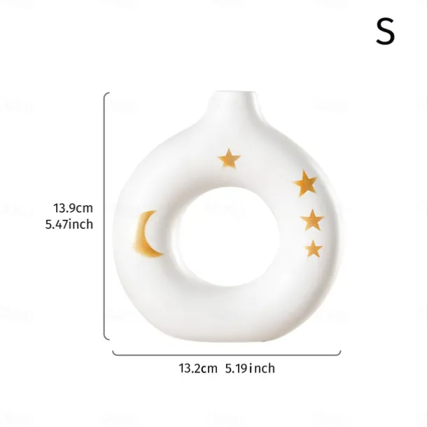White Circular Resin Vase with Gold Star and Moon Accents – Islamic Festival Centerpiece for Ramadan, Eid, and Home Decor – Elegant Flower Holder for Entryway, Table, and Celebration