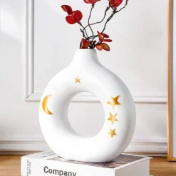 White Circular Resin Vase with Gold Star and Moon Accents – Islamic Festival Centerpiece for Ramadan, Eid, and Home Decor – Elegant Flower Holder for Entryway, Table, and Celebration
