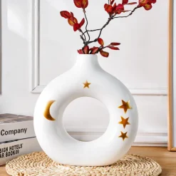 White Circular Resin Vase with Gold Star and Moon Accents – Islamic Festival Centerpiece for Ramadan, Eid, and Home Decor – Elegant Flower Holder for Entryway, Table, and Celebration