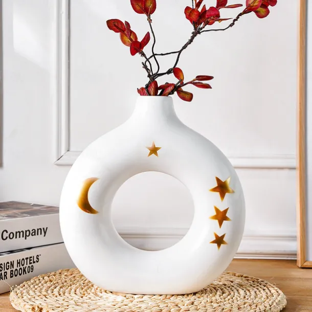 White Circular Resin Vase with Gold Star and Moon Accents – Islamic Festival Centerpiece for Ramadan, Eid, and Home Decor – Elegant Flower Holder for Entryway, Table, and Celebration