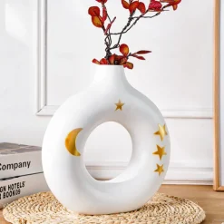 White Circular Resin Vase with Gold Star and Moon Accents – Islamic Festival Centerpiece for Ramadan, Eid, and Home Decor – Elegant Flower Holder for Entryway, Table, and Celebration