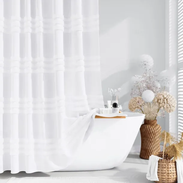 White Fabric Shower Curtain with Hooks, Tufted Chenille Striped Textured Cloth for Bathroom, Modern Farmhouse Shabby Chic Waterproof Shower Curtain Set, Machine Washable