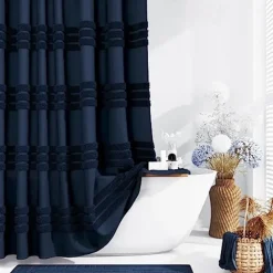 White Fabric Shower Curtain with Hooks, Tufted Chenille Striped Textured Cloth for Bathroom, Modern Farmhouse Shabby Chic Waterproof Shower Curtain Set, Machine Washable