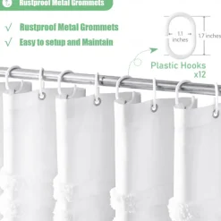 White Fabric Shower Curtain with Hooks, Tufted Chenille Striped Textured Cloth for Bathroom, Modern Farmhouse Shabby Chic Waterproof Shower Curtain Set, Machine Washable