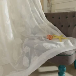 White Sheer Curtains Long Embroidered Semi Transparent Window Screen Leaves Sheer Curtains for Living Room Bedroom