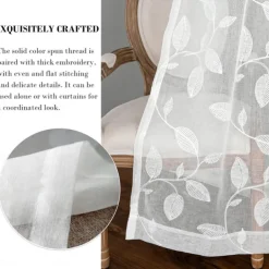 White Sheer Curtains Long Embroidered Semi Transparent Window Screen Leaves Sheer Curtains for Living Room Bedroom