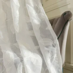 White Sheer Curtains Long Embroidered Semi Transparent Window Screen Leaves Sheer Curtains for Living Room Bedroom