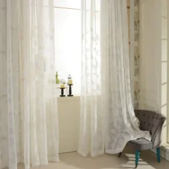White Sheer Curtains Long Embroidered Semi Transparent Window Screen Leaves Sheer Curtains for Living Room Bedroom