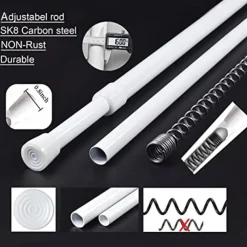 White Tension Curtain Rod Spring Rods Expandable Curtain Rod Adjustable, for Bathroom, Kitchen, Window, Cupboard, Wardrobe, Bookshelf DIY Projects