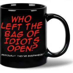 Who Left the Bag of Idiots Open Coffee Mug Black Retro Vintage Ceramic Mug with Graphic Design 12oz/330ml Perfect Gift for Music Lovers Guitarists and Band Members