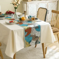Wide Border Jacquard Table Runner with Messy Colorful Leaves 71/79/87inch Long