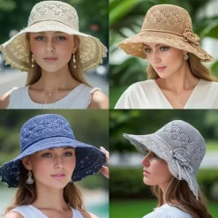 Wide Brim Straw Sun Hat for Women, Floppy Beach Hat with Bowknot, UV Protection Summer Hat, Foldable Outdoor Travel Visor