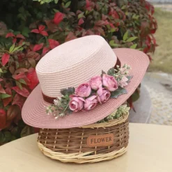 Wide Brim Summer Beach Hat with Floral Lace Tie, Breathable Paper Material, Elegant Pastel Design for Outdoor Sun Protection
