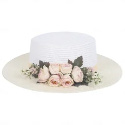 Wide Brim Summer Beach Hat with Floral Lace Tie, Breathable Paper Material, Elegant Pastel Design for Outdoor Sun Protection